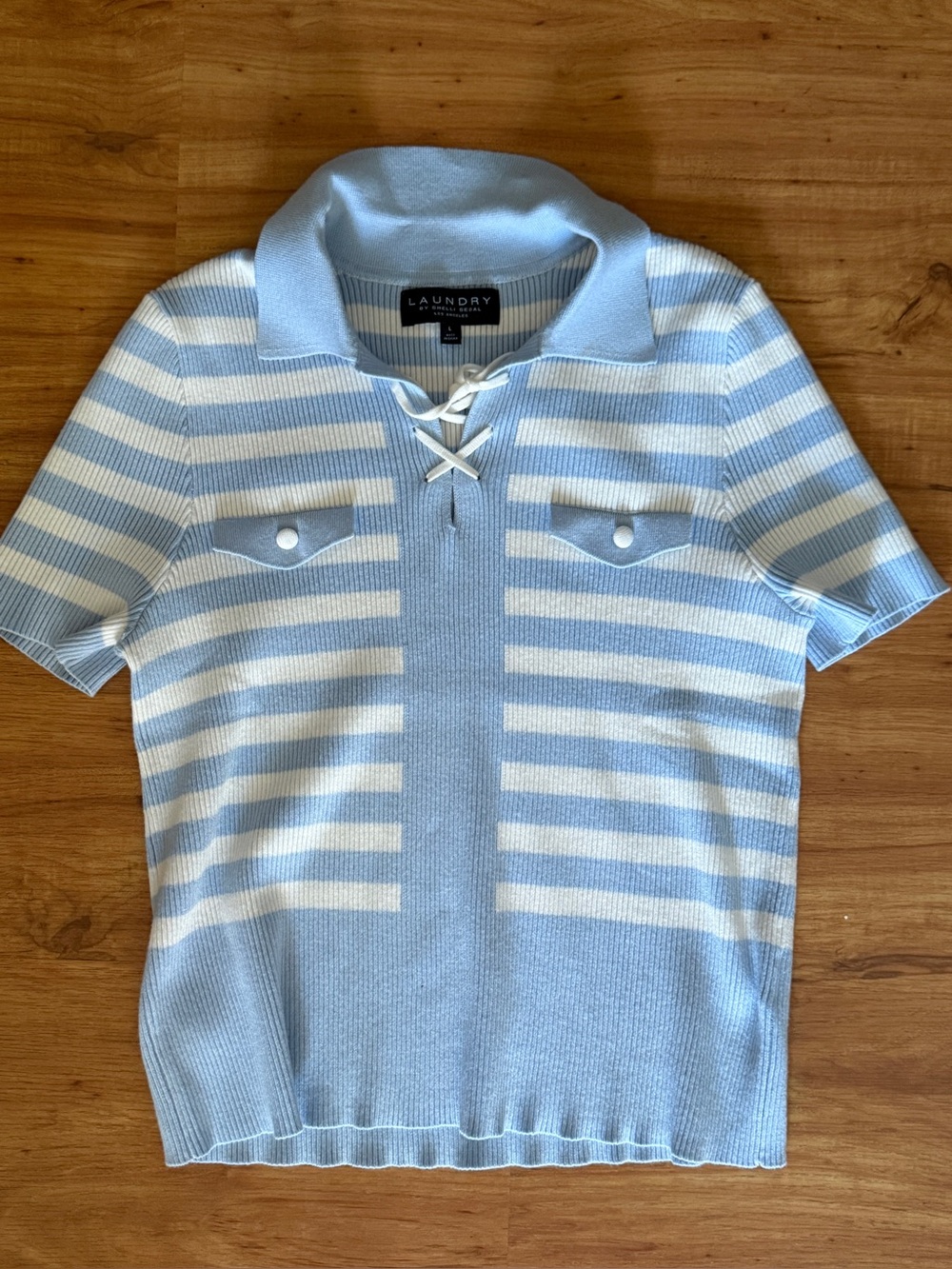 Laundry By Shelli Segal Light Blue & White Striped Knit Polo with Lace-Up V